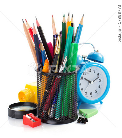holder basket and office supplies on white 17398773