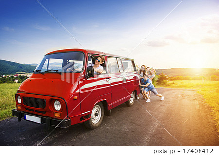 Young hipster friends on road trip Young hipster friends on road trip 17408412