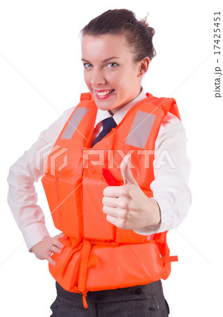 Young woman with life vest on white Young woman with life vest on white 17425451