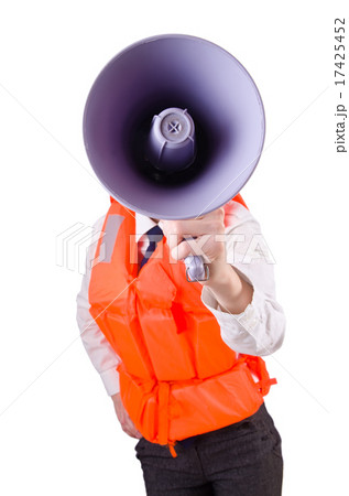 Young woman with vest and loudspeaker on white Young woman with vest and loudspeaker on white 17425452
