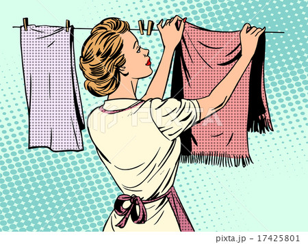 woman hangs clothes after washing housewife housework comfort 17425801
