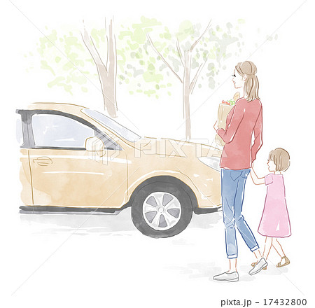 車で買い物にきた親子のイラスト素材