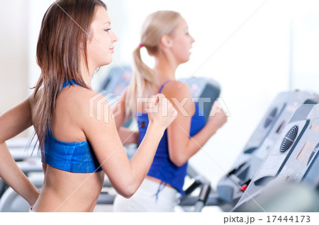 Two young women run on machine in the gym 17444173