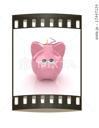 Piggy bank with gold coin on white. The film strip 17447124