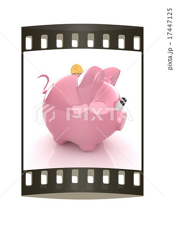 Piggy bank with gold coin on white. The film strip 17447125