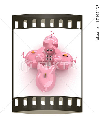 Piggy bank with gold coin on white. The film strip Piggy bank with gold coin on white. The film strip 17447133