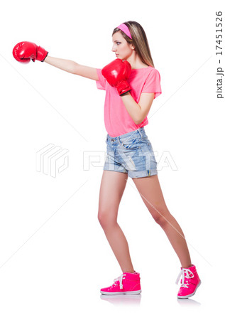 Young lady with boxing gloves on white 17451526