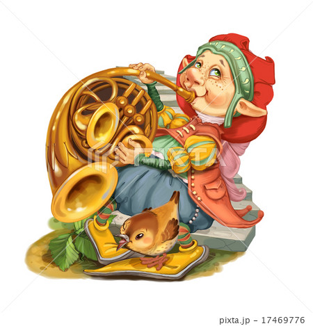 Elf plays congratulatory march on a french horn. Elf plays congratulatory march on a french horn. 17469776