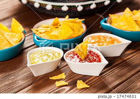 Plate of nachos with different dips 17474631