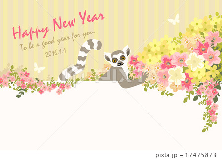 ワオキツネザルと満開の花 賀詞・添書付 ワオキツネザルと満開の花 賀詞・添書付 17475873