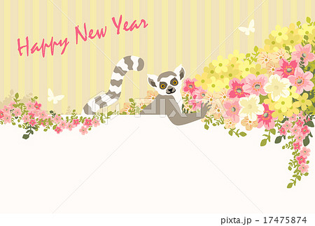 ワオキツネザルと満開の花　賀詞付 17475874