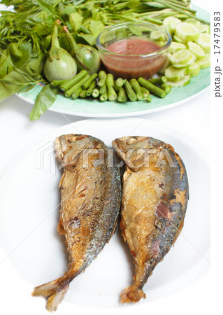 Shrimp paste with fried mackerel and vegetable. Shrimp paste with fried mackerel and vegetable. 17479583