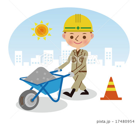 手押し車で砂利を運搬する土木作業員（昼間背景） 17480954