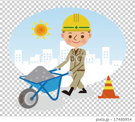 手押し車で砂利を運搬する土木作業員（昼間背景） 17480954