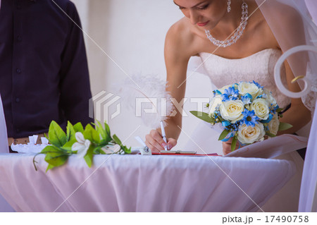 Closeup portrait of bride and groom kissing Closeup portrait of bride and groom kissing 17490758