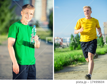 Sporty man jogging in city street park. Outdoor fitness. Sporty man jogging in city street park. Outdoor fitness. 17499604