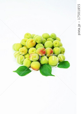 初夏の背景素材・色鮮やかな南高梅の洗い梅たくさんと梅の葉3葉・梅の葉手前下縦位置 17501855