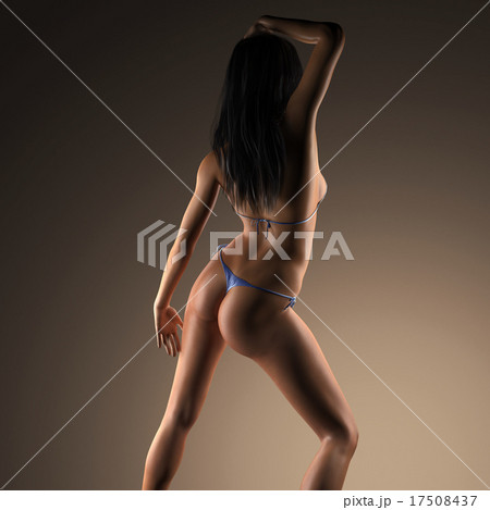 Sexy brunette bikini woman posing in dark studio - Stock Illustration 17508437