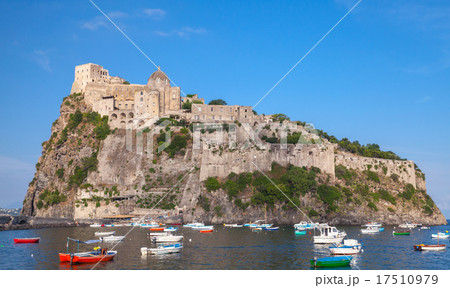 Ischia port, Aragonese Castle and colorful boats 17510979