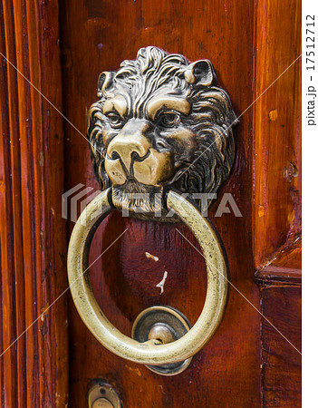 Old wooden door decorated with a lion head Old wooden door decorated with a lion head 17512712