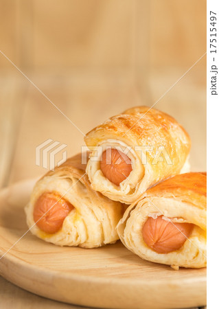 Danish Pastry with sausage on wooden dish 17515497