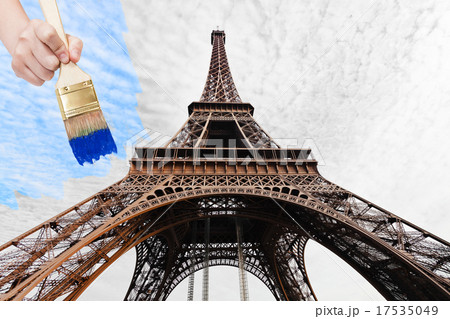 paintbrush paints blue sky over Eiffel tower paintbrush paints blue sky over Eiffel tower 17535049