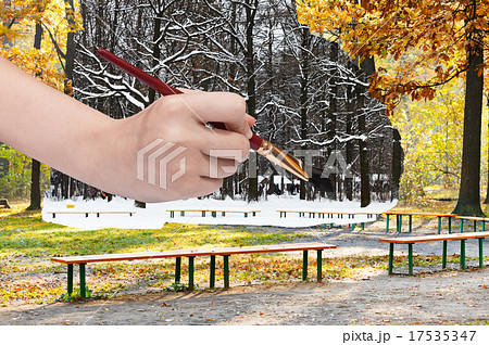 paintbrush paints black oak trunks in snowy forest 17535347