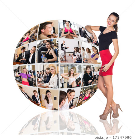 Woman stands beside collage sphere 17547990