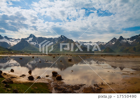 scenic view of fjord and snow mountains, Norway 17550490