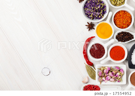 Various spices on white wooden background 17554952