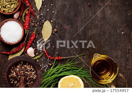 Various spices on wooden background 17554957