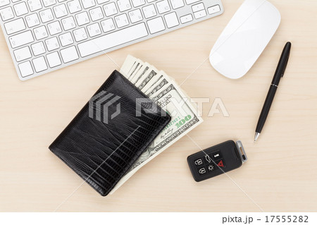 Office table with pc, supplies and money cash Office table with pc, supplies and money cash 17555282