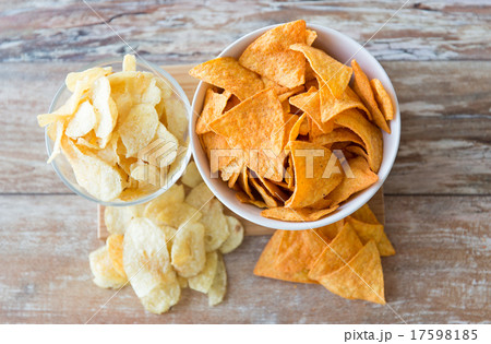 close up of potato crisps and corn nachos on table 17598185