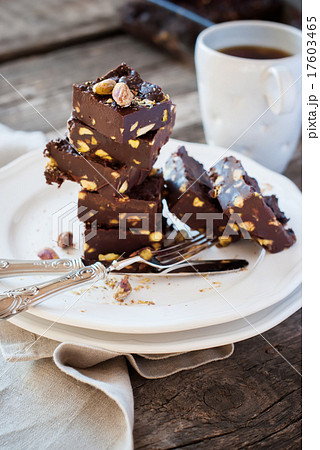 Chocolate Fudge with Pistachios on White Plate 17603465