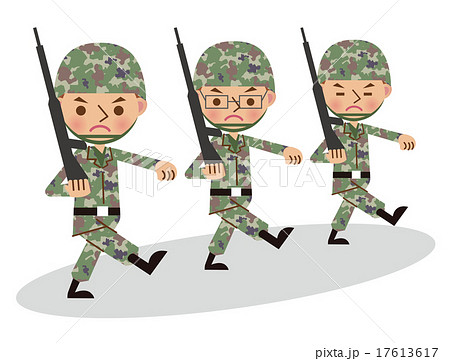 銃を担いで行進する自衛官 軍人 複数人 3人 のイラスト素材