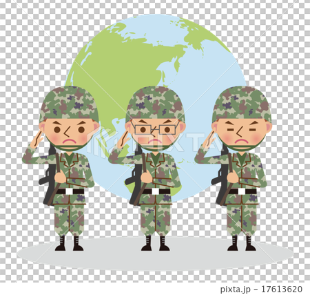 銃を担いで敬礼する自衛官・軍人(複数人・地球バック) 銃を担いで敬礼する自衛官・軍人(複数人・地球バック) 17613620