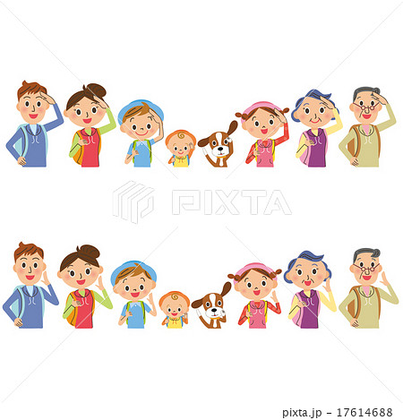 リュックとポーズをとる親子 17614688