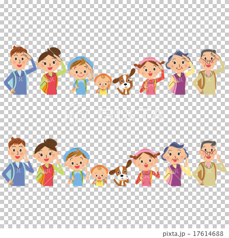 リュックとポーズをとる親子 17614688