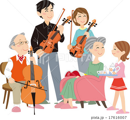 三世代家族 趣味 楽器 演奏 団らんのイラスト素材