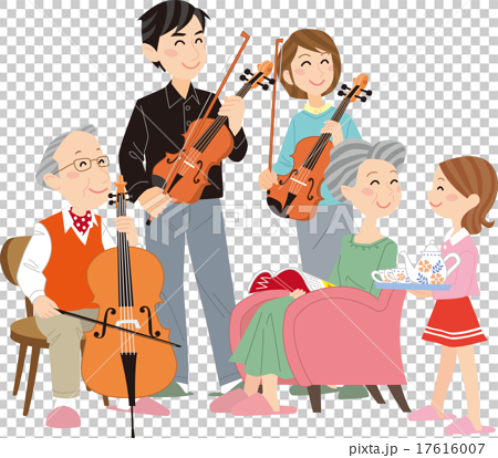三世代家族 趣味 楽器 演奏 団らんのイラスト素材