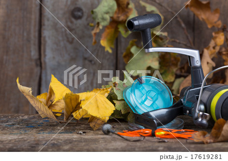 fishing tackles on wooden of autumn fishing tackles on wooden of autumn 17619281