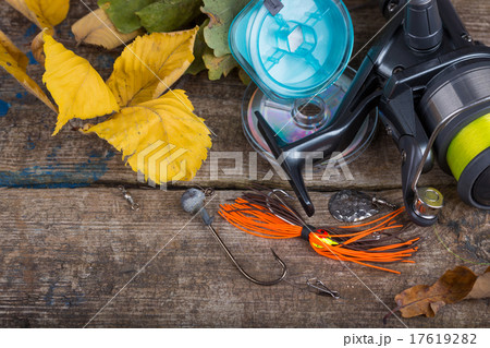 fishing tackles on wooden of autumn fishing tackles on wooden of autumn 17619282