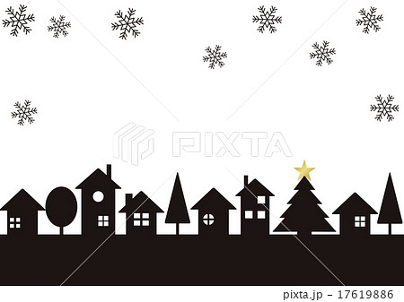 クリスマスな雪の降っているシルエットの町並みのイラスト素材