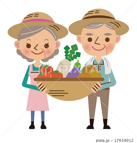 収穫した野菜を持つ農家の老夫婦のイラスト素材