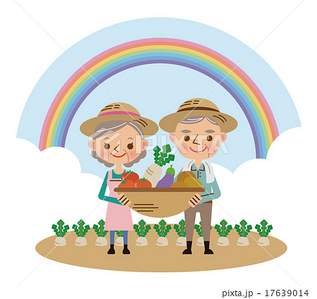 収穫した野菜を持つ農家の老夫婦 背景あり のイラスト素材