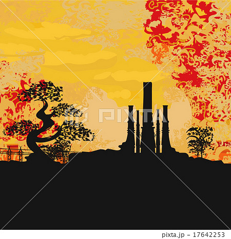 Smoking factory with tree at sunset or sunrise Smoking factory with tree at sunset or sunrise 17642253