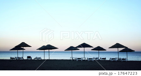 Line of straw umbrellas and sunbeds. Vintage image 17647223