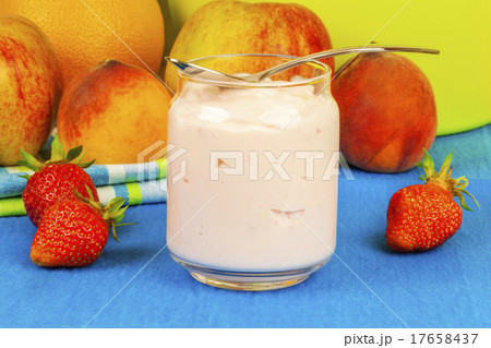 Fresh strawberry yogurt with fruit around Fresh strawberry yogurt with fruit around 17658437