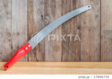Pruning saw on wooden background 17666750