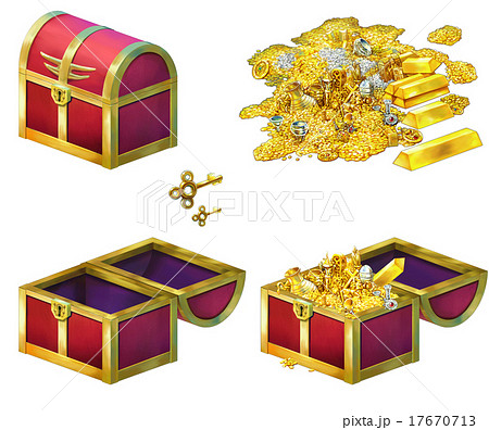 宝箱 開閉と空と満杯で3パターンと金銀財宝と鍵のイラスト素材